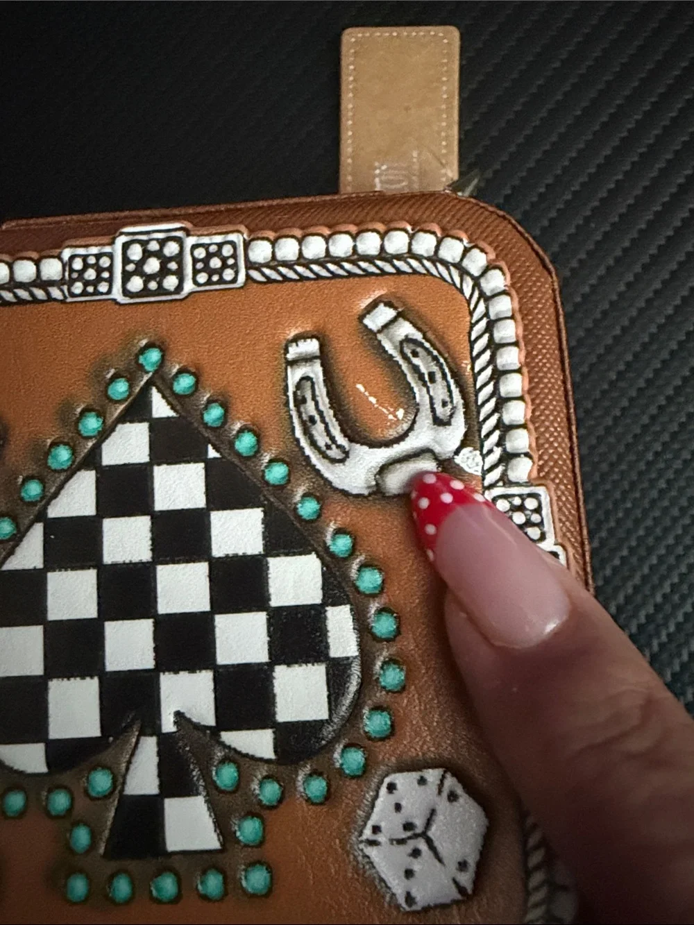 Brown Faux Leather Mini Jewelry Box with Turquoise Studs and Checker Spade Desig